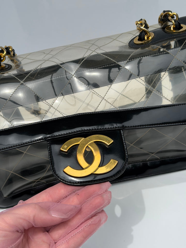 Chanel Maxi Classic Flap Bag Clear Vinyl Black Patent Leather Gold Hardware 1994