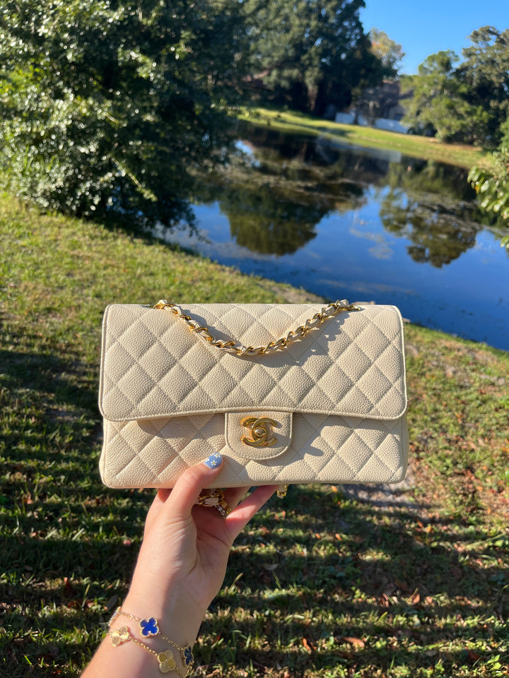 Chanel 1997 Beige Claire Medium Caviar Classic Flap