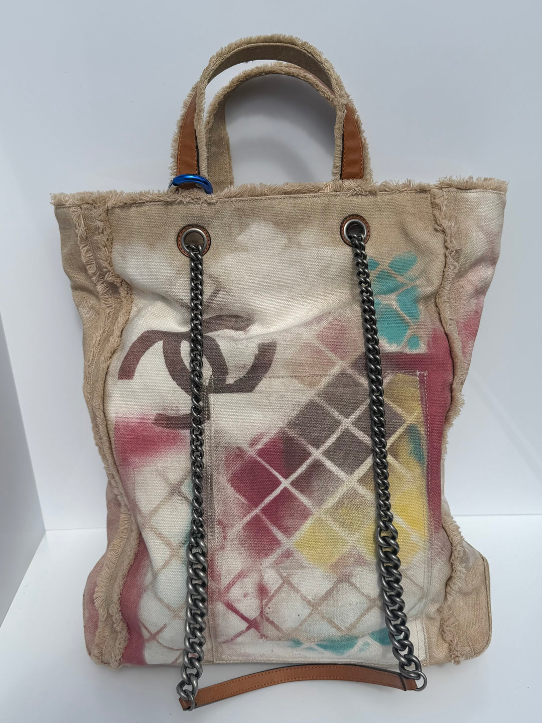 Chanel Runway Art School Graffiti Canvas Tote Beige Multicolor Ruthenium Hardware 2014