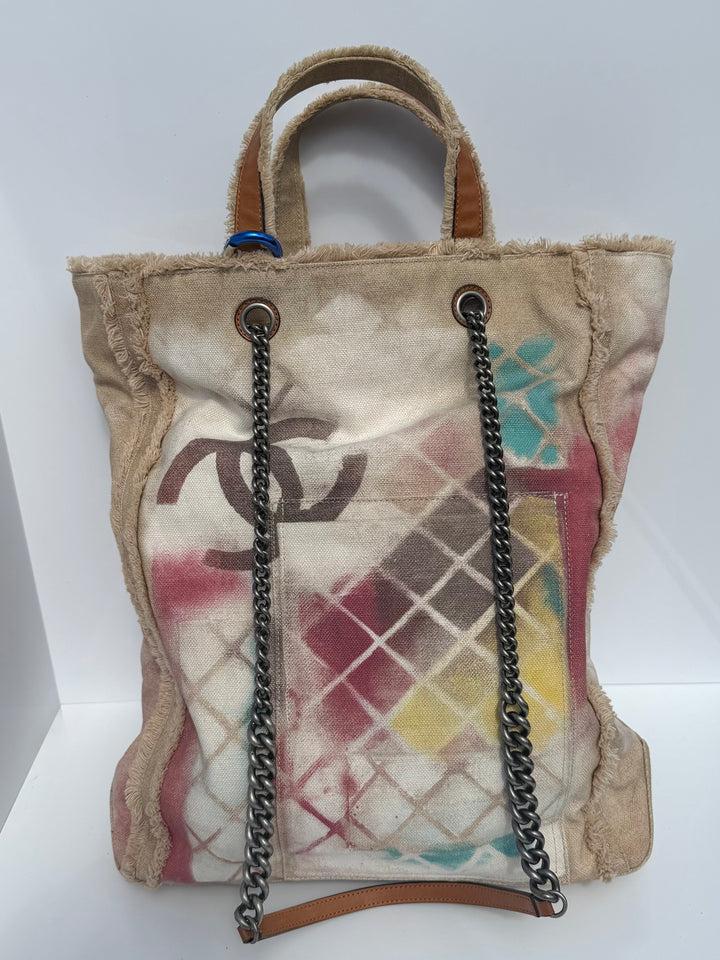 Chanel Runway Art School Graffiti Canvas Tote Beige Multicolor Ruthenium Hardware 2014
