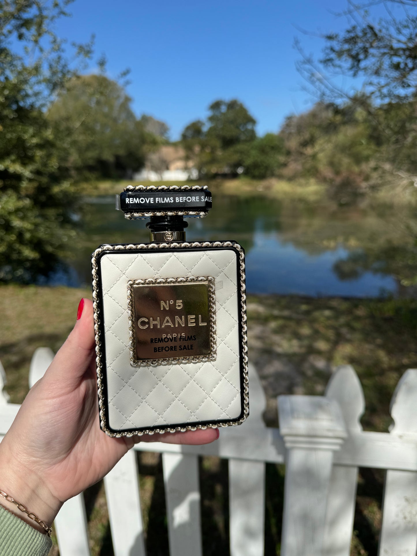 Chanel Black Quilted Leather and White Perspex Perfume Bottle Minaudiere