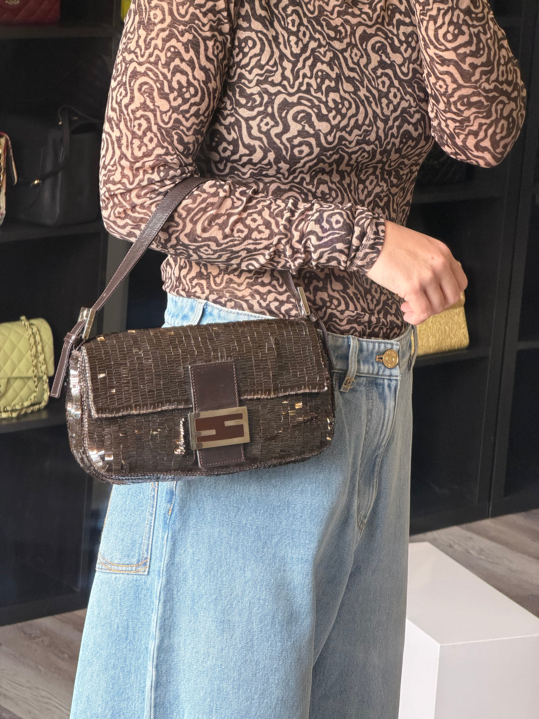 Fendi Brown Sequin Zucca FF Baguette Silver Hardware