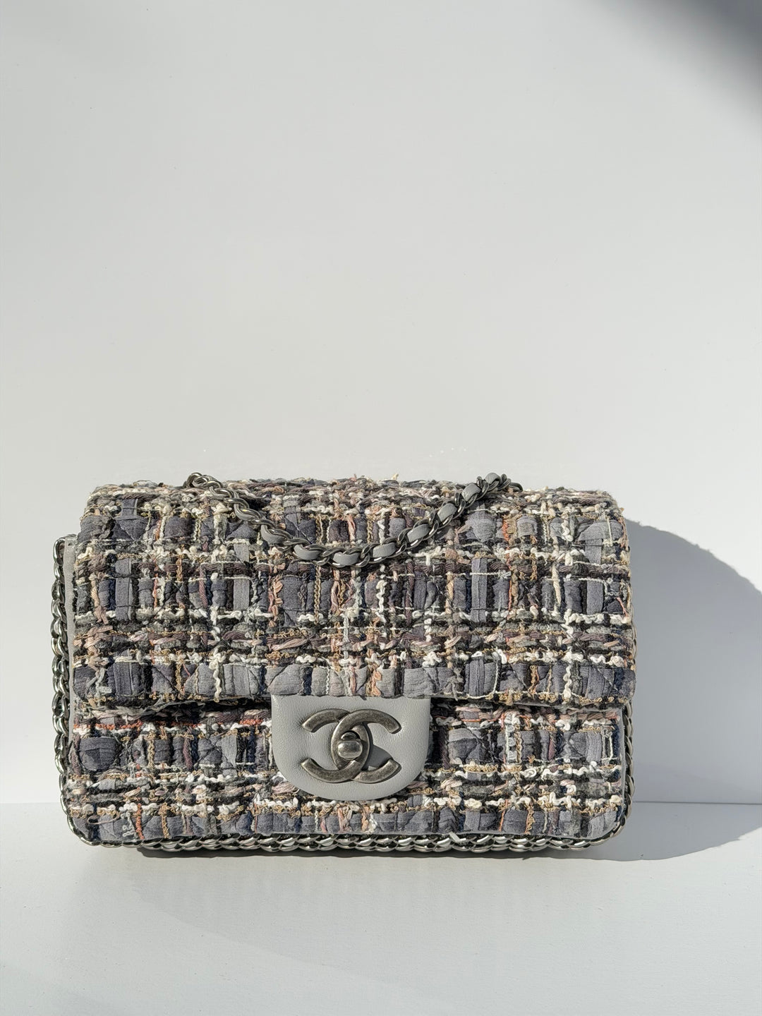 Chanel River of Pearls Mini Flap Quilted Tweed Grey Aged Silver Hardware