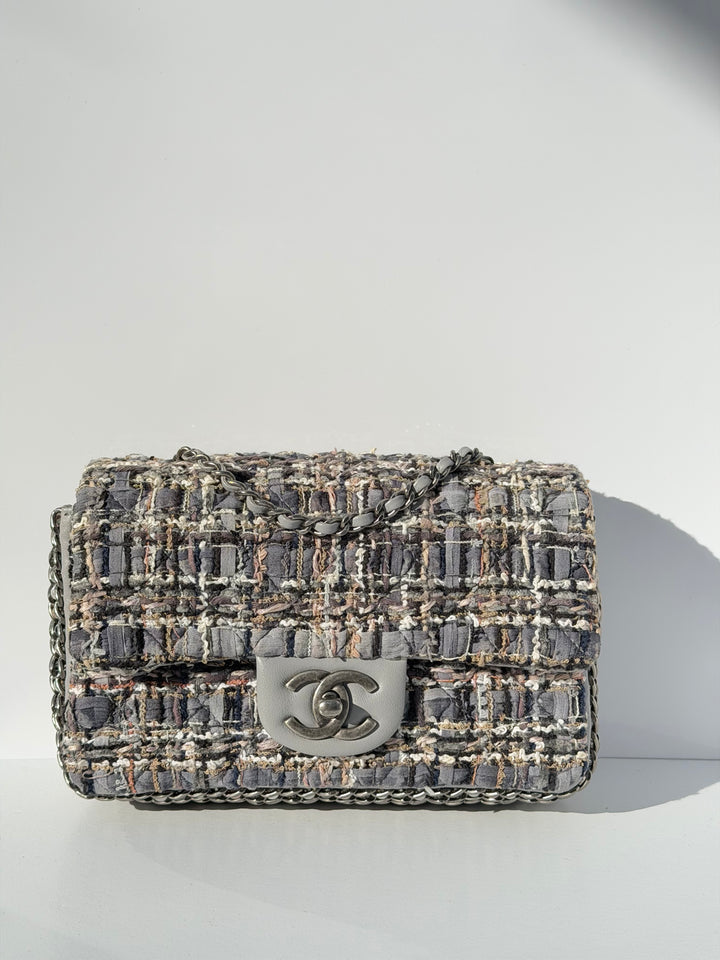 Chanel River of Pearls Mini Flap Quilted Tweed Grey Aged Silver Hardware