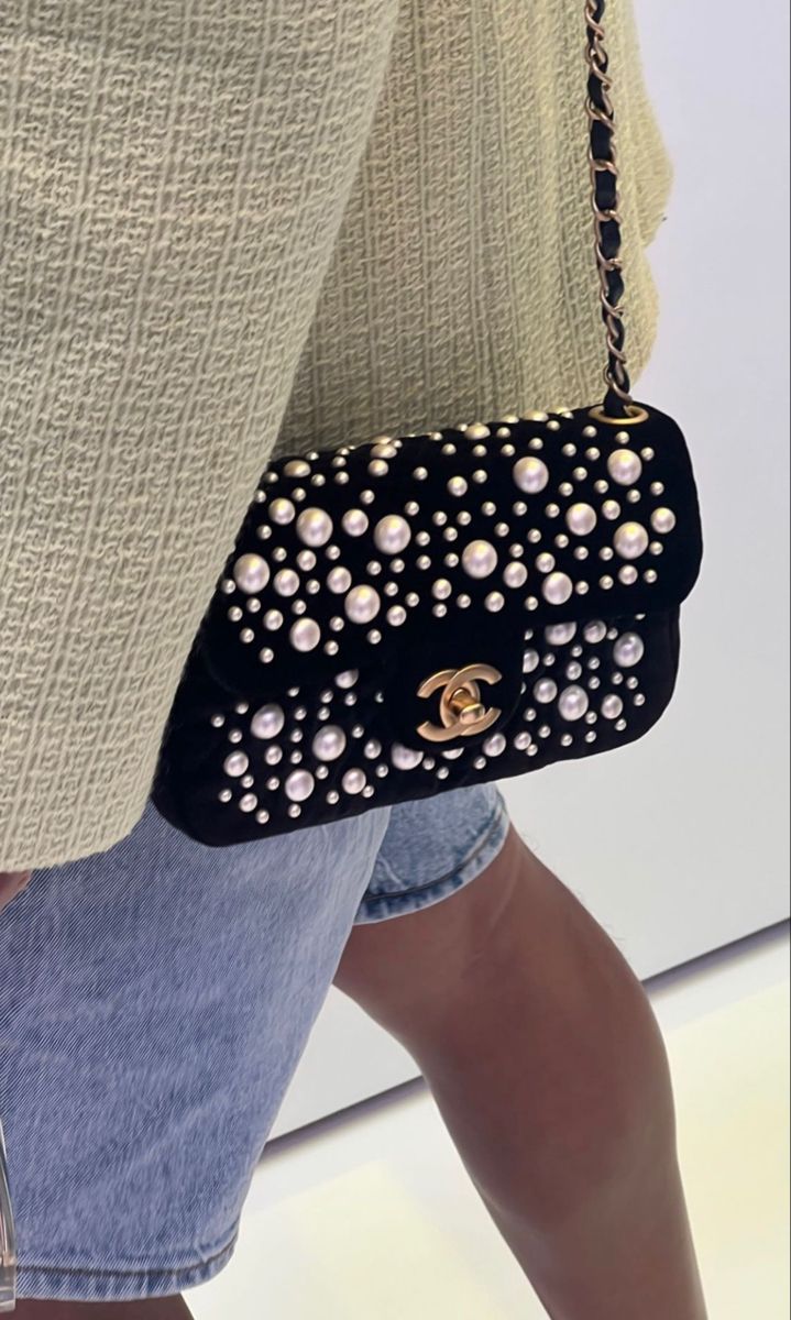 Chanel Black Velvet Mini Pearl Flap Bag