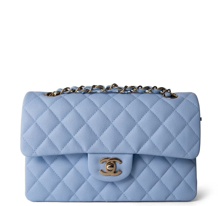 Chanel Small Classic Double Flap Caviar Light Blue Light Gold Hardware 2023