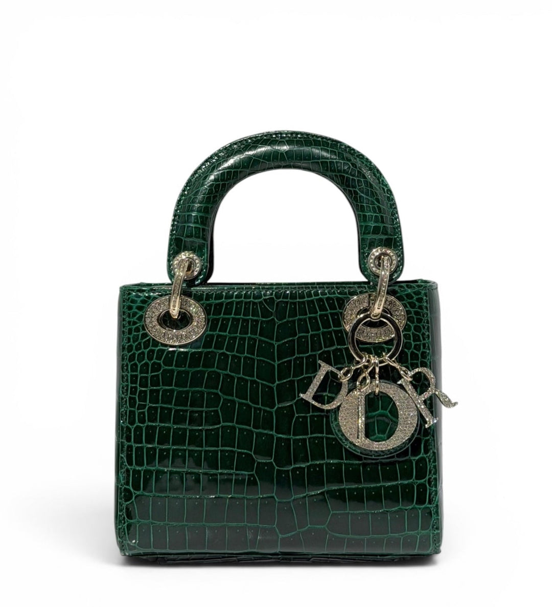 Dior Emerald Crocodile Mini Lady Dior Top Handle Diamond Gold Hardware 2022
