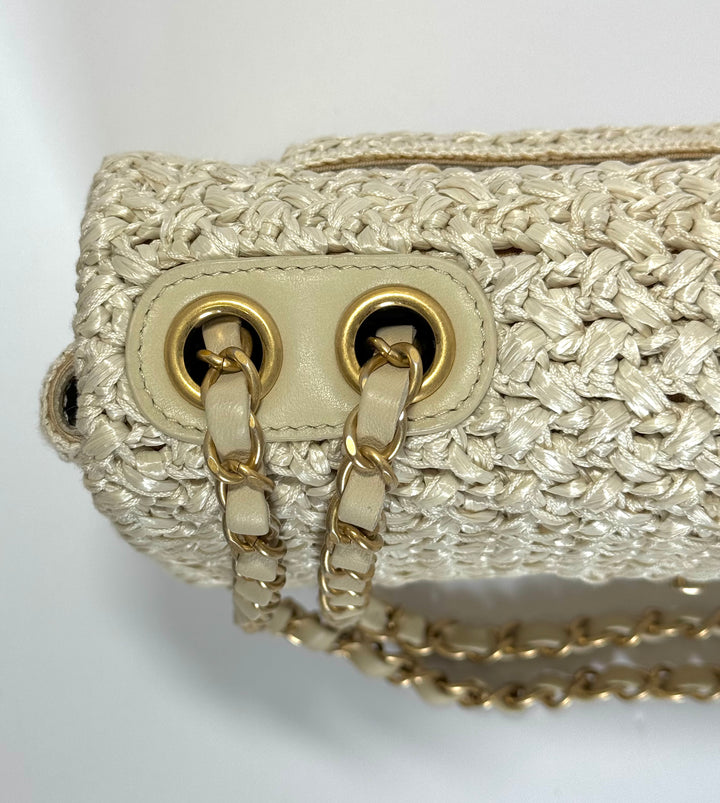 Chanel Raffia Crochet Flap Tan Matte Gold Hardware 18C