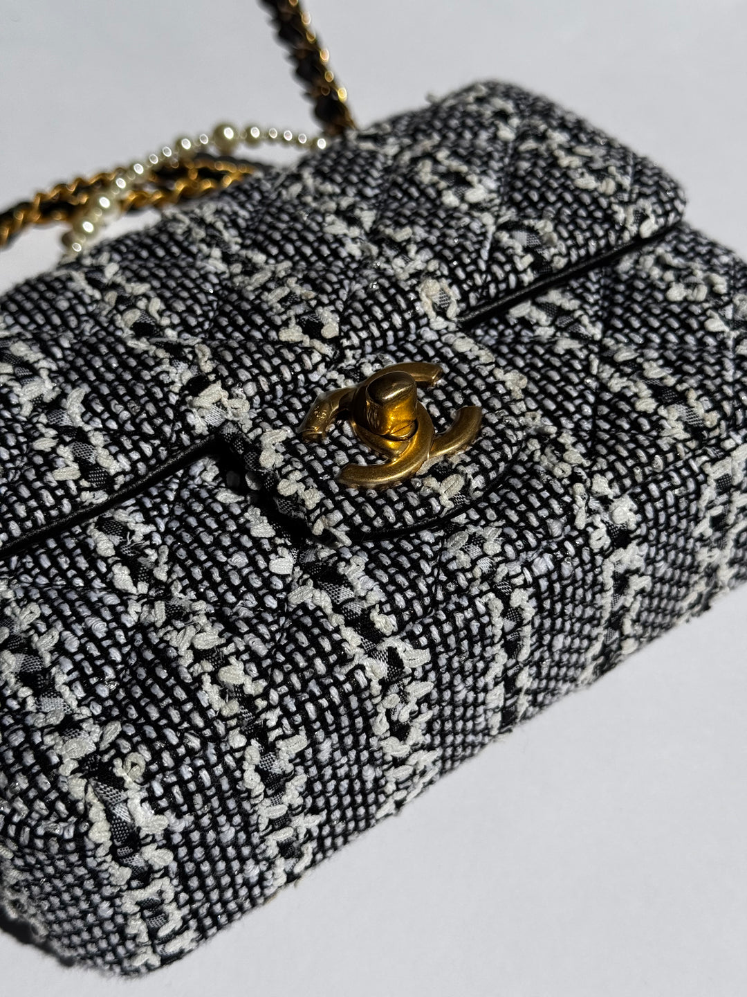 Chanel Black & White Mini Tweed Pearl Flap Bag