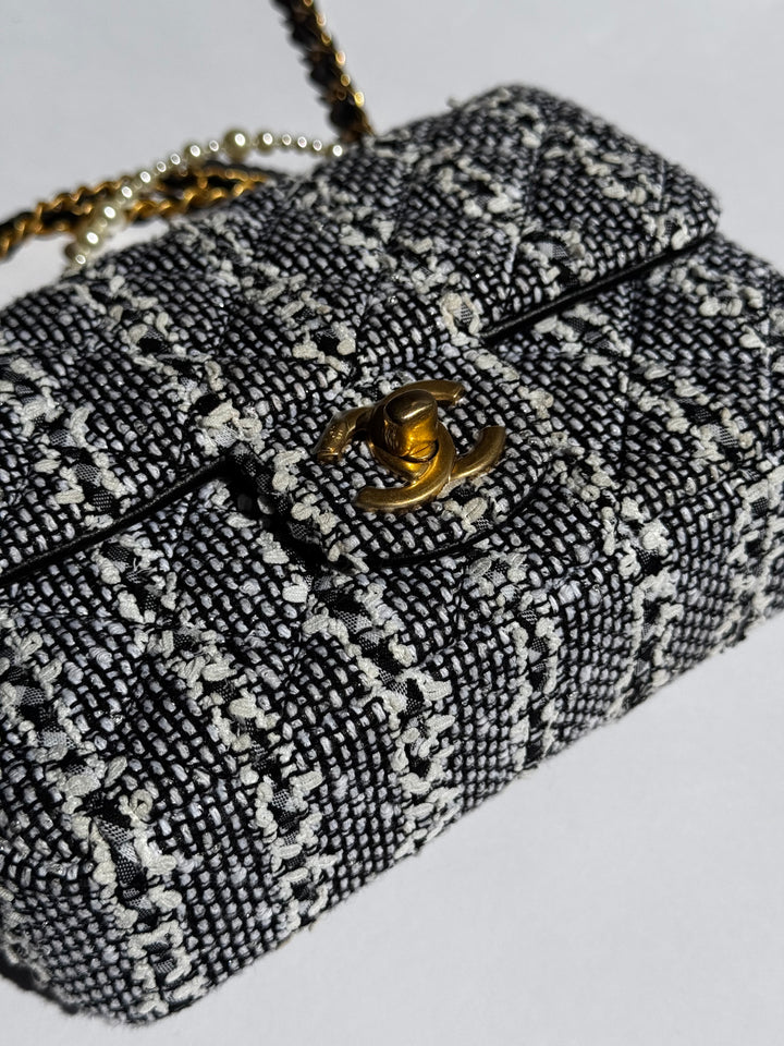 Chanel Black & White Mini Tweed Pearl Flap Bag