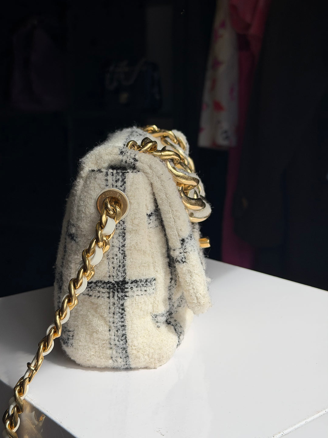 Chanel Small Elegant Chain Flap Wool Tweed White Black Gold Hardware 2022