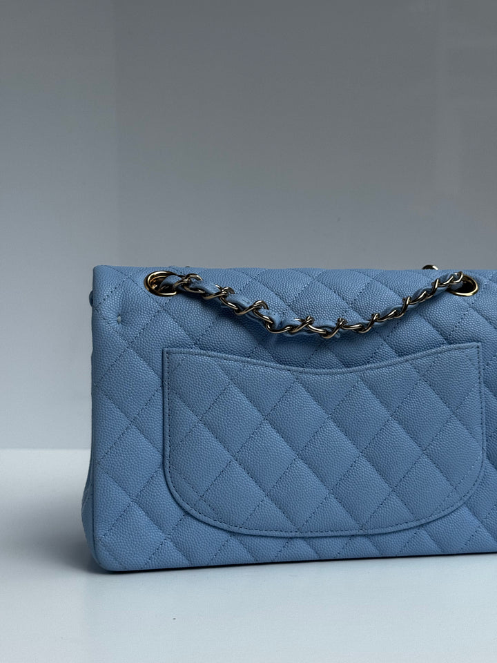 Chanel Small Classic Double Flap Caviar Light Blue Light Gold Hardware 2023