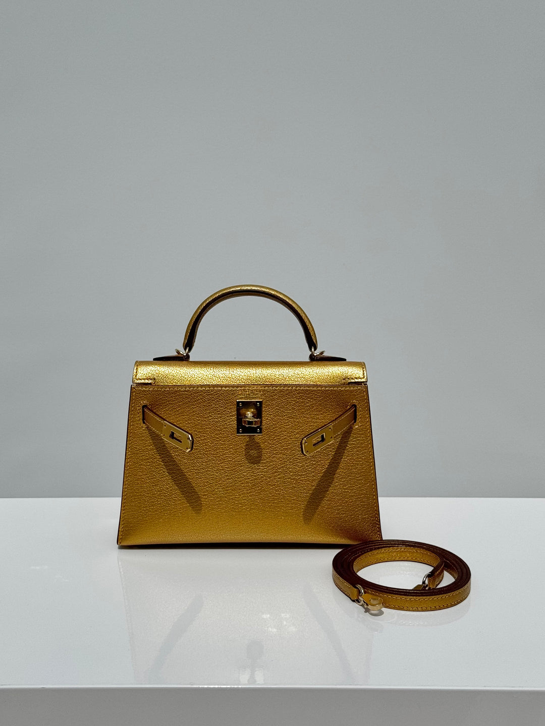 Hermes Mini Sellier Gold Metallic Chevre Dore Kelly 20