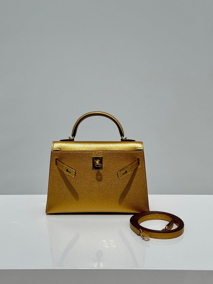 Hermes Mini Sellier Gold Metallic Chevre Dore Kelly 20
