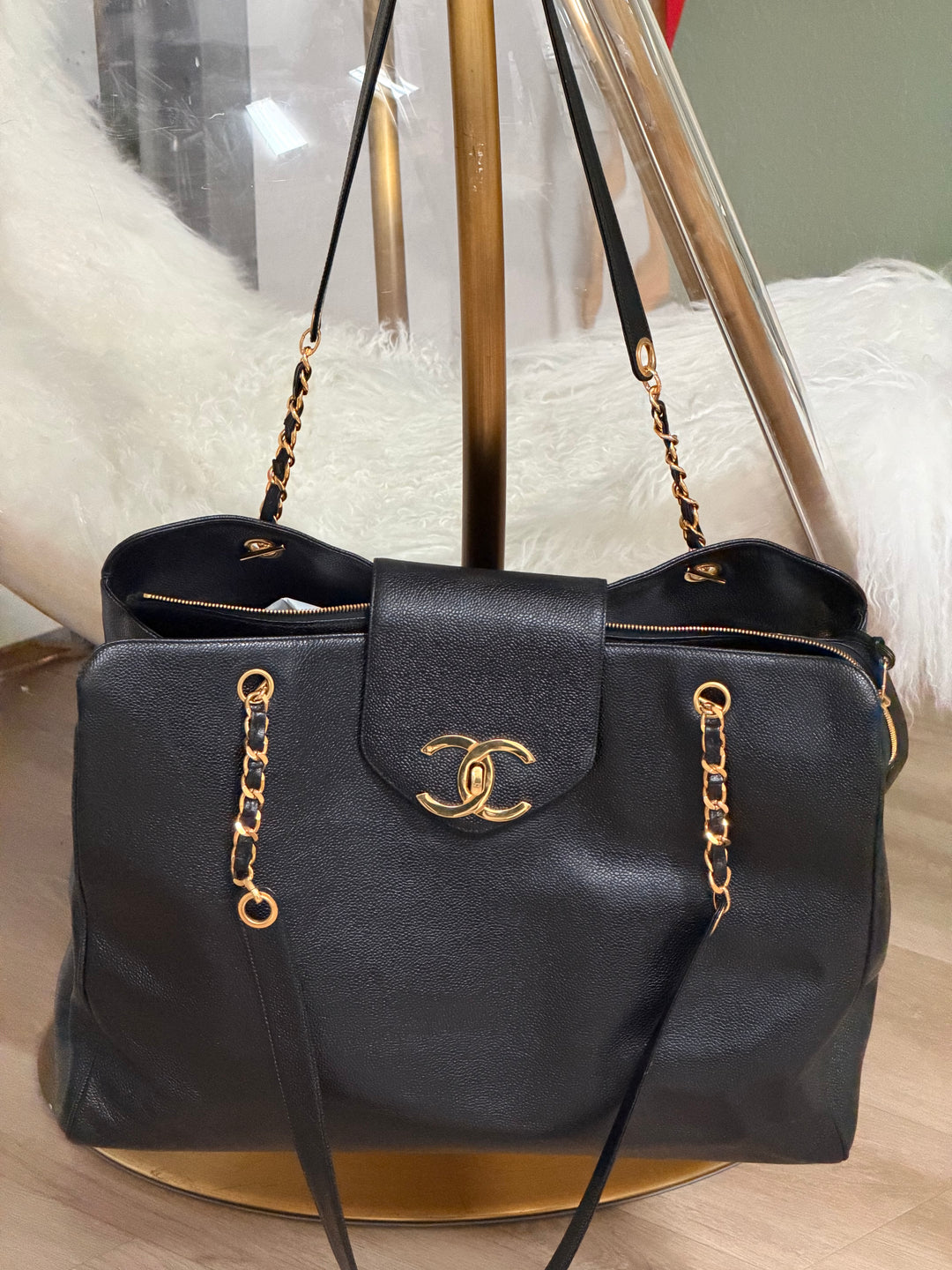 Chanel Black Caviar XL Supermodel Tote Bag 24K Gold Plated Hardware 1994