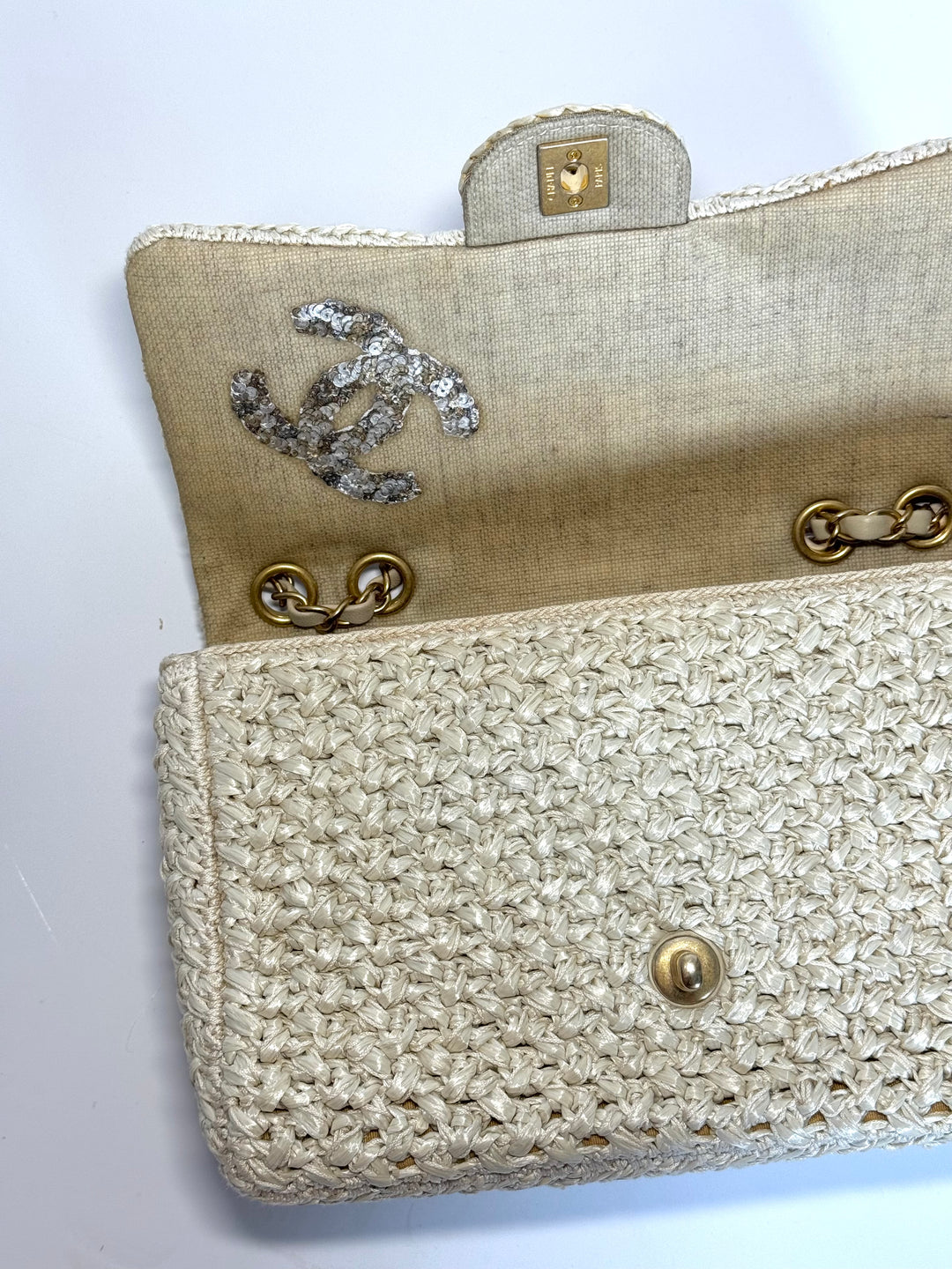 Chanel Raffia Crochet Flap Tan Matte Gold Hardware 18C