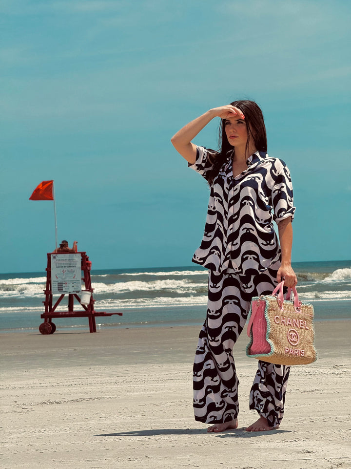 Chanel 2021 Navy/Pink Silk Wave Shirt & Pants Set
