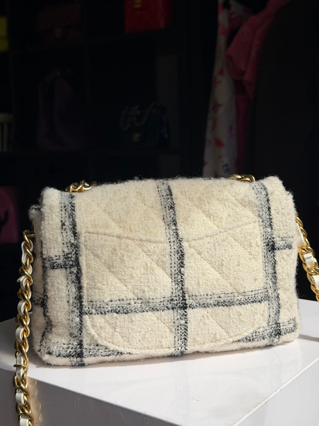 Chanel Small Elegant Chain Flap Wool Tweed White Black Gold Hardware 2022