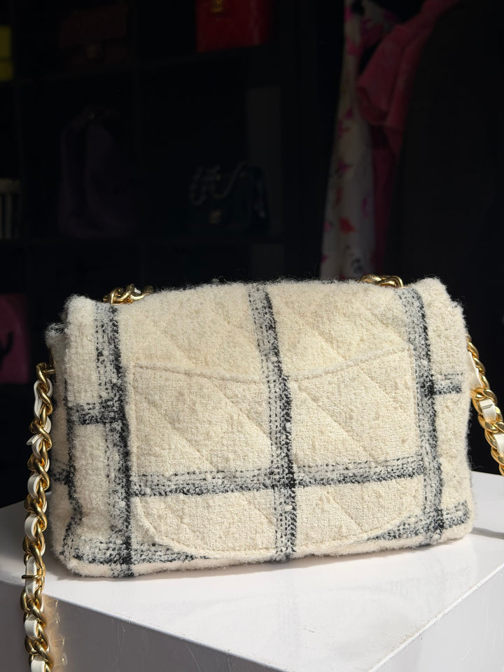 Chanel Small Elegant Chain Flap Wool Tweed White Black Gold Hardware 2022