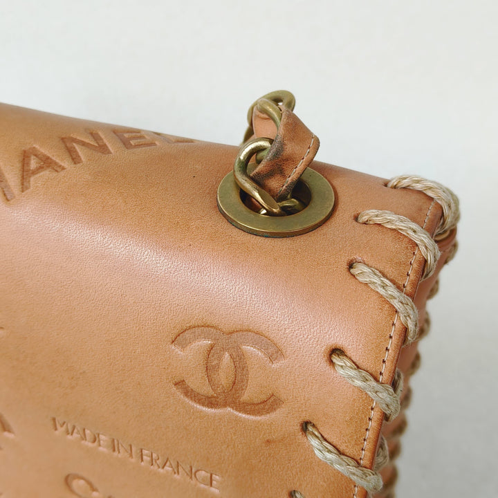 Chanel Maxi Classic Flap Bag Tan Debossed Logo Calfskin Whipstitched Gold Hardware 1994