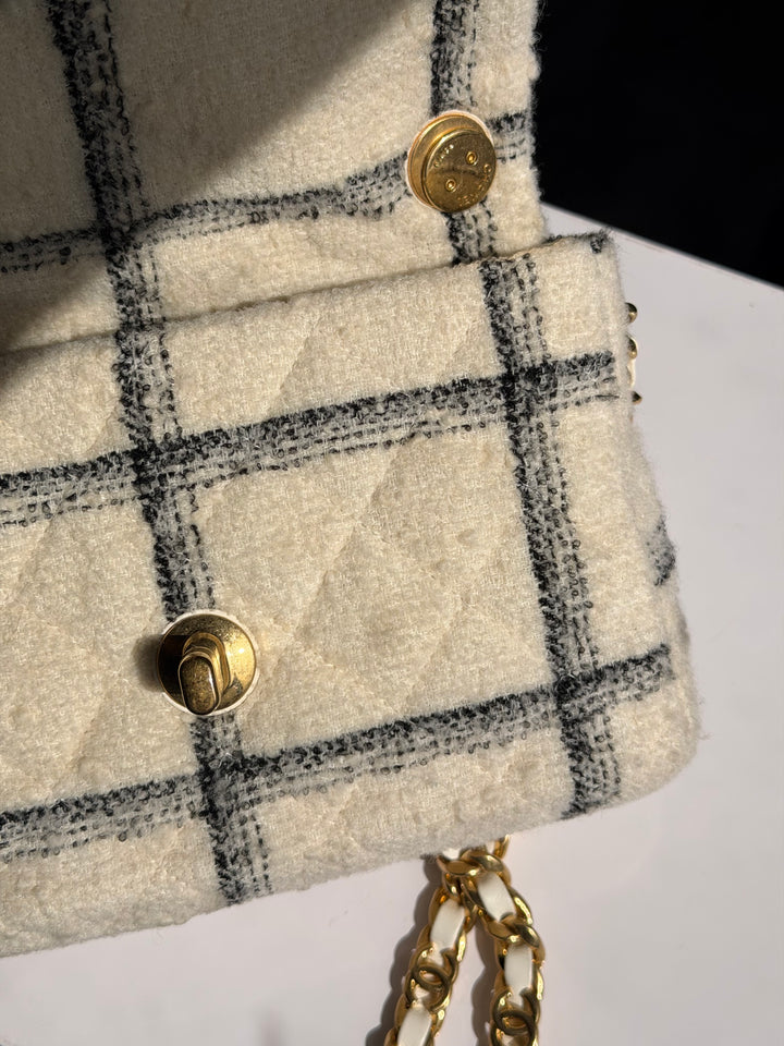 Chanel Small Elegant Chain Flap Wool Tweed White Black Gold Hardware 2022