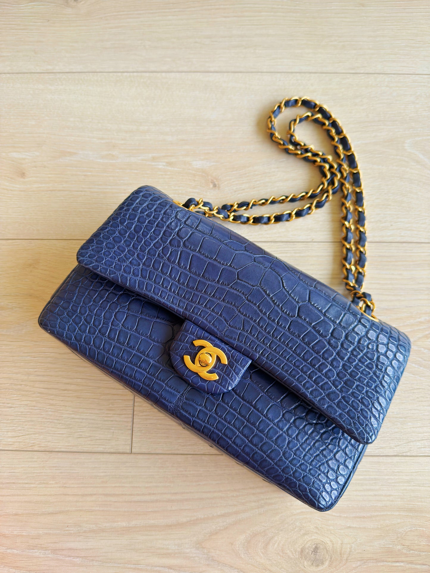 Chanel Navy Blue Matte Alligator Medium Classic Flap Bag