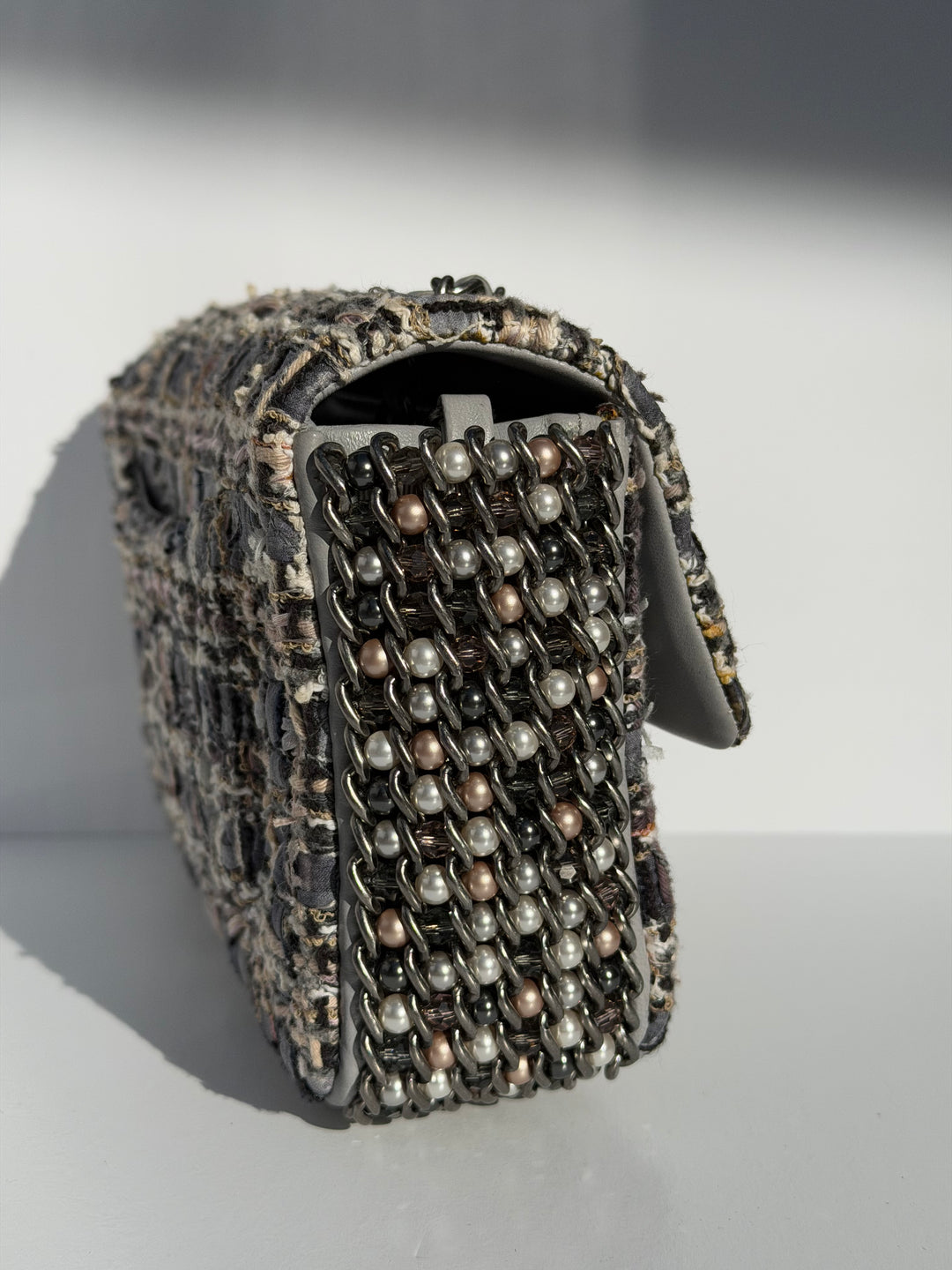 Chanel River of Pearls Mini Flap Quilted Tweed Grey Aged Silver Hardware