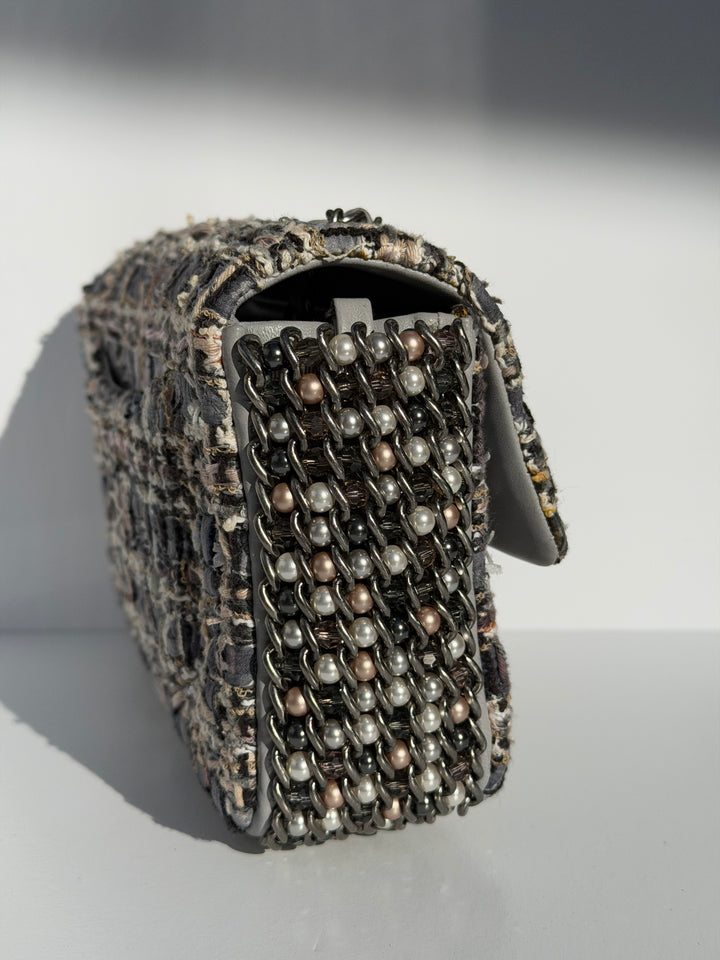 Chanel River of Pearls Mini Flap Quilted Tweed Grey Aged Silver Hardware