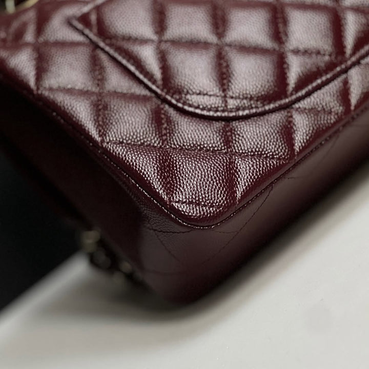 Chanel Small Classic Double Flap Caviar Burgundy Light Gold Hardware 2021