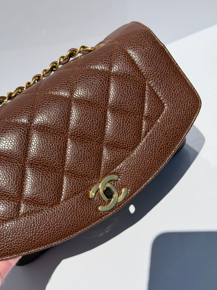 Chanel Small Diana Flap Bag Caviar Brown 24K Plated Gold Hardware 1994