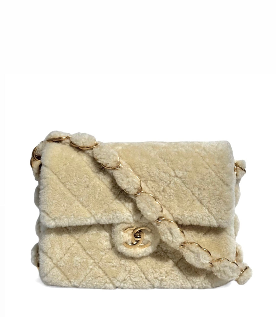 Chanel Ecru Shearling Lambskin Medium CC Chains Flap Bag