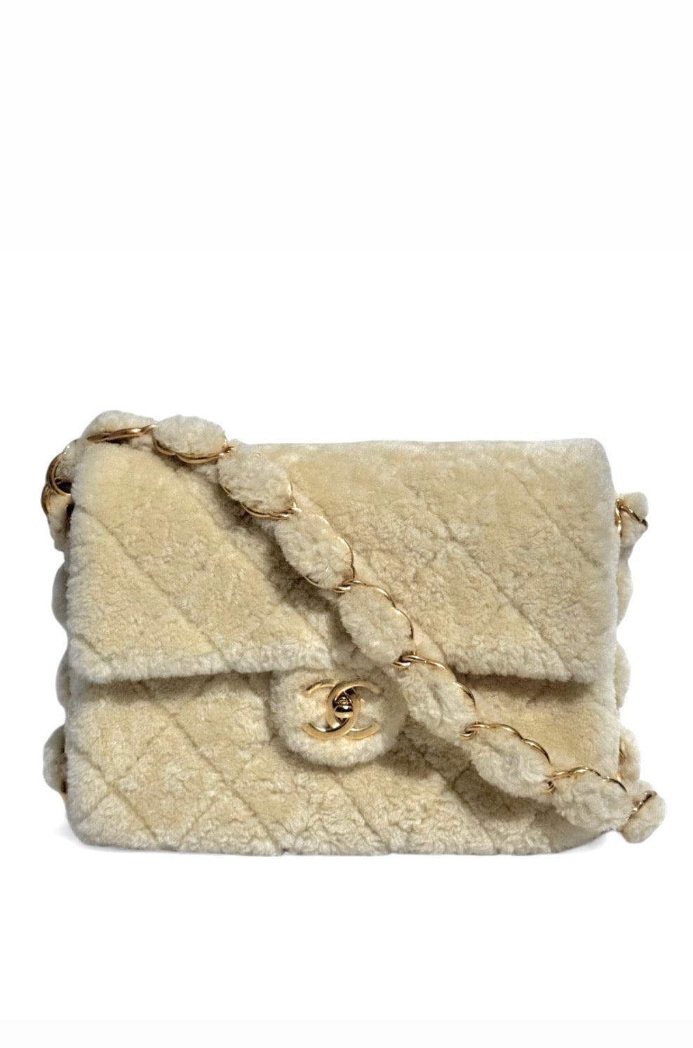Chanel Ecru Shearling Lambskin Medium CC Chains Flap Bag