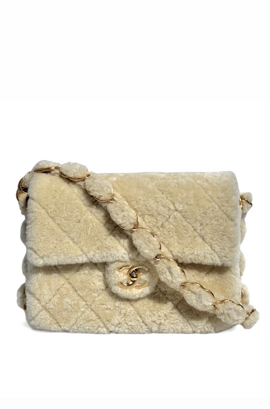 Chanel Ecru Shearling Lambskin Medium CC Chains Flap Bag