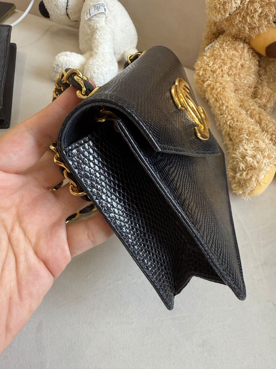 Chanel 1991 Black Lizard CC Envelope Flap Bag
