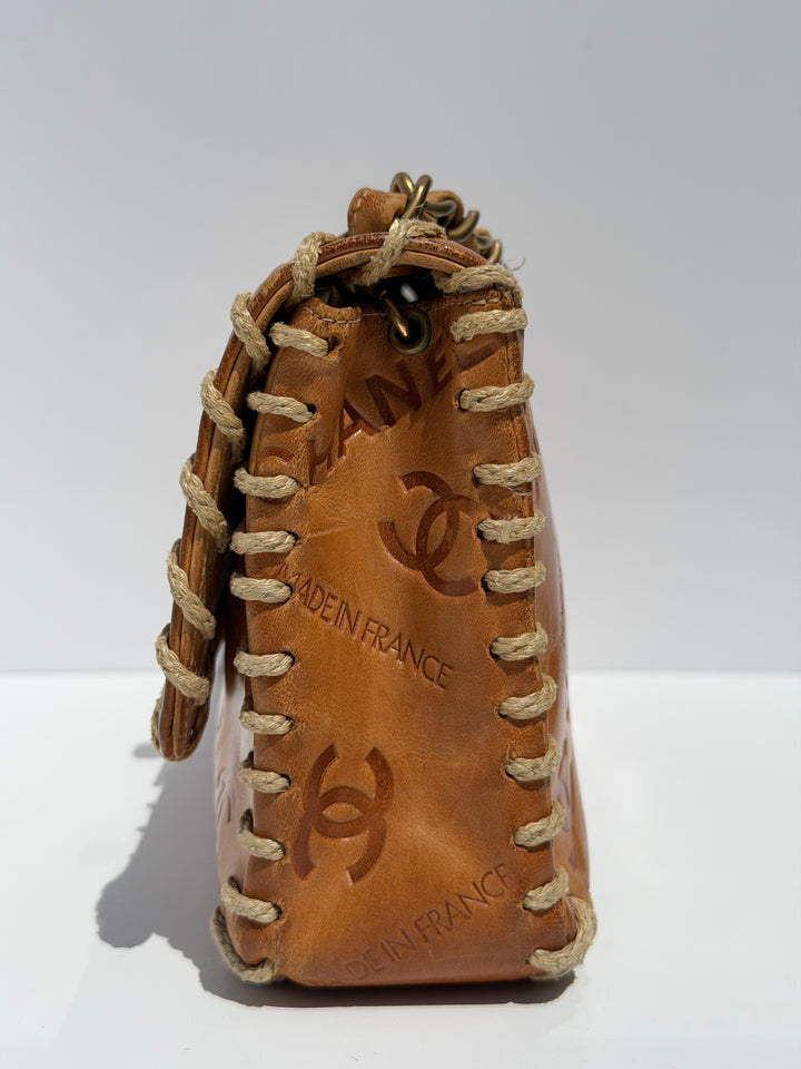 Chanel Half Flap Bag Tan Debossed Logo Calfskin Whipstitched Gold Hardware 1994