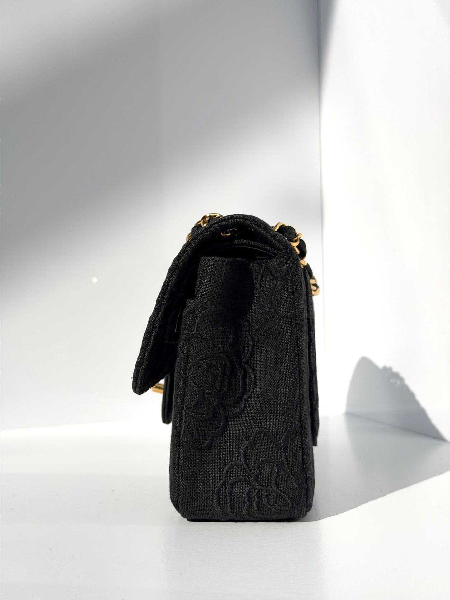 Chanel 1997 Small 24K Black Camellia Classic Flap Bag