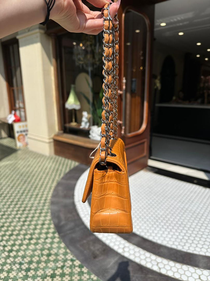 Chanel Orange Matte Croc Mini Flap Silver Hardware 2014