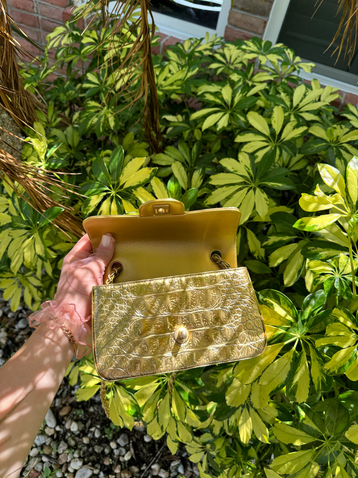 Chanel Gold Croc Embossed Mini Rectangular Flap Bag