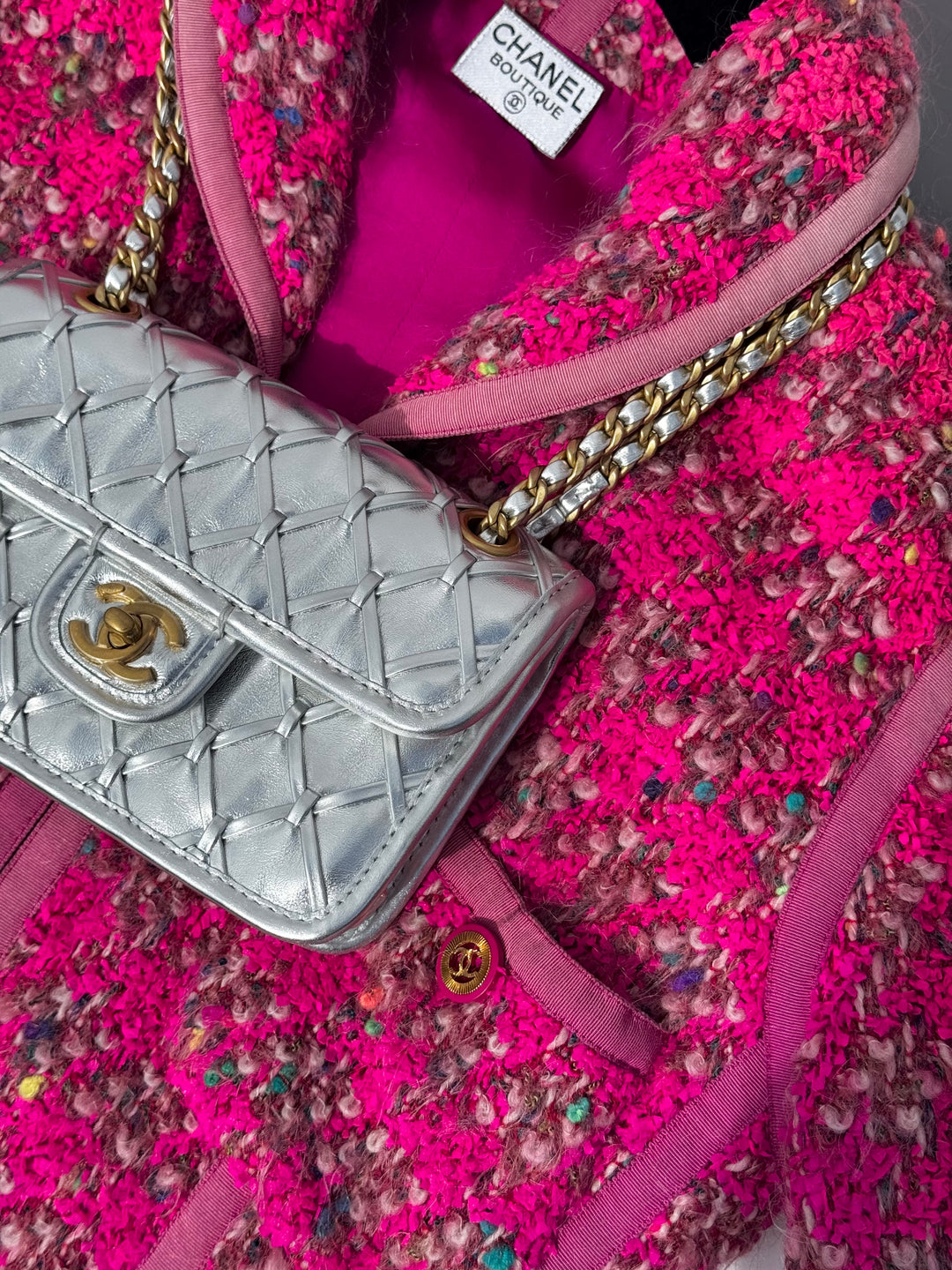 Chanel Silver Metallic Mini Braided Calfskin Flap Bag