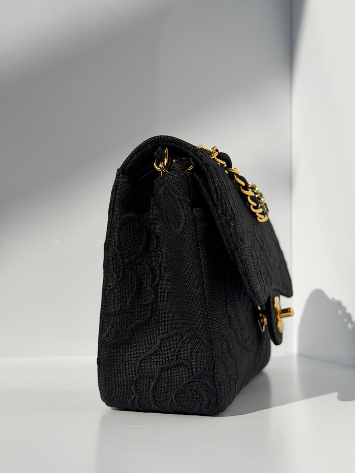 Chanel 1997 Small 24K Black Camellia Classic Flap Bag