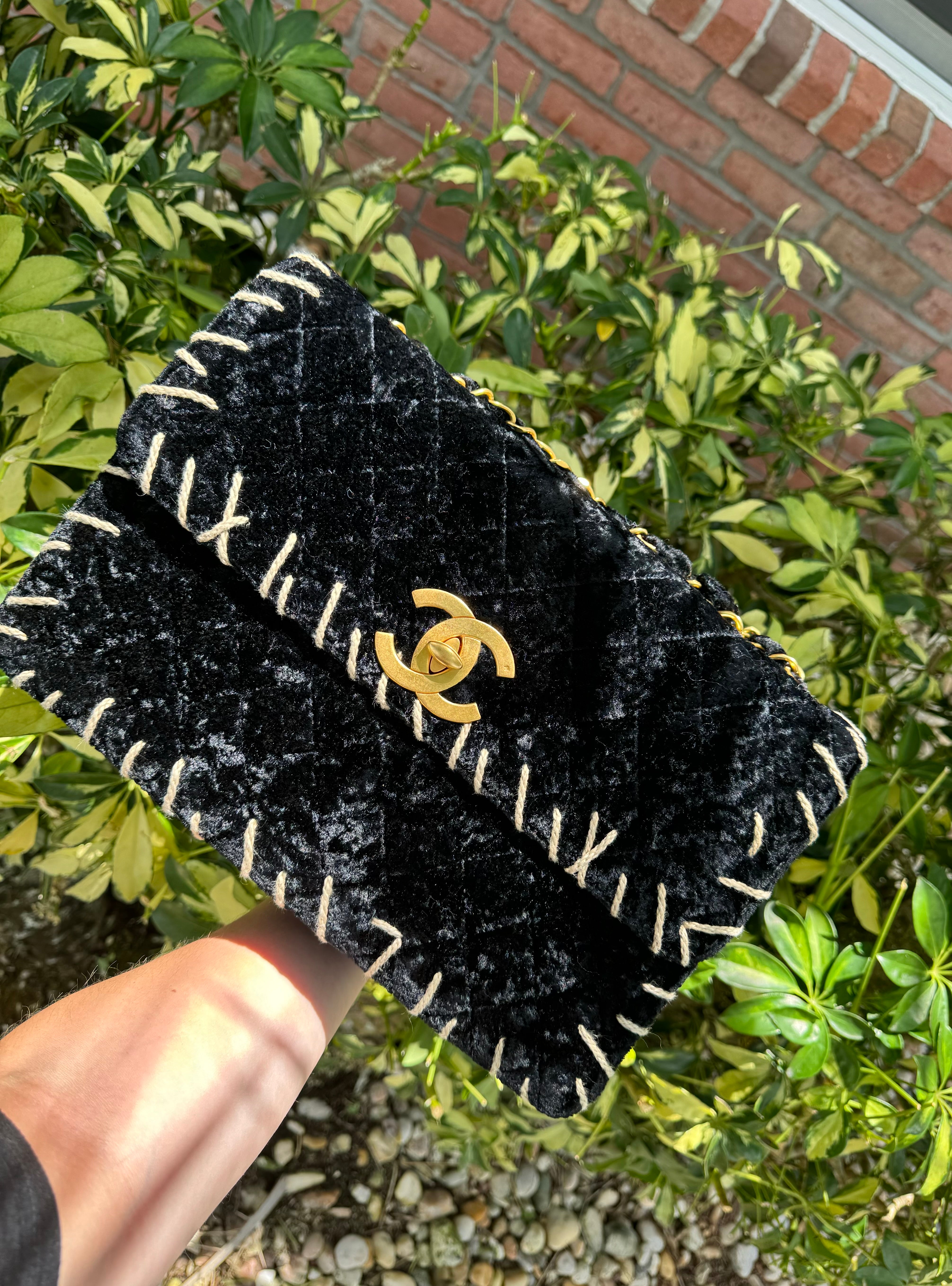 Chanel 1993 Black Velvet Whipstitch CC Flap Bag – Its A Luv Story