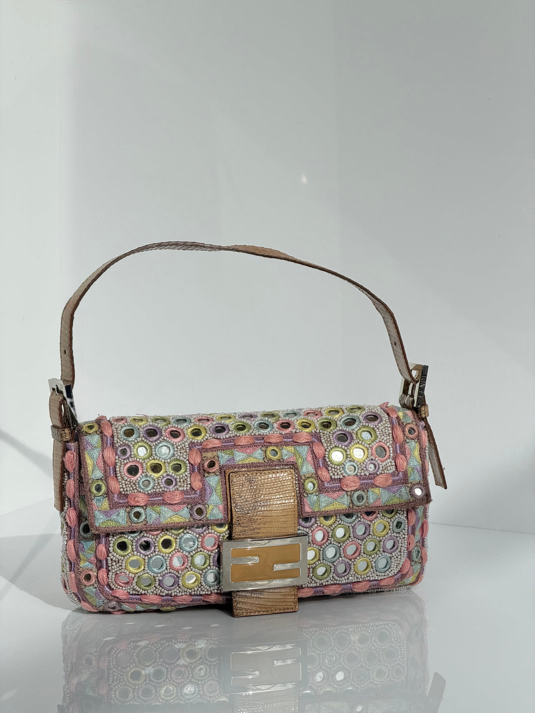 Fendi Baguette Mirror Specchietti Bag Multicolor Silk Embroidery & Beading Lizard Trim 2009