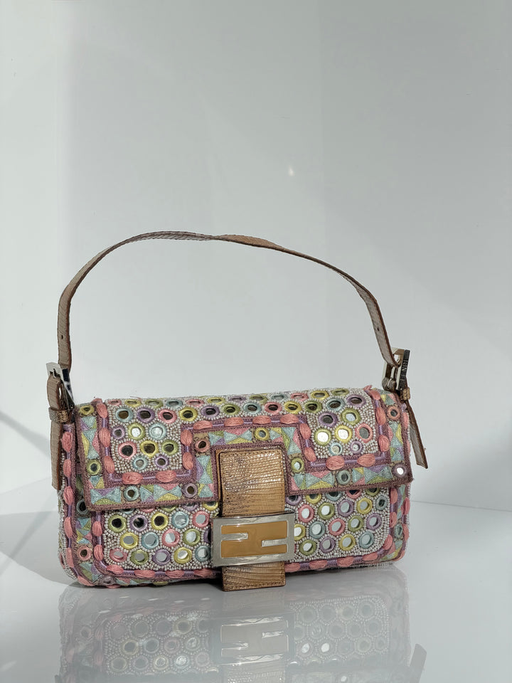 Fendi Baguette Mirror Specchietti Bag Multicolor Silk Embroidery & Beading Lizard Trim 2009