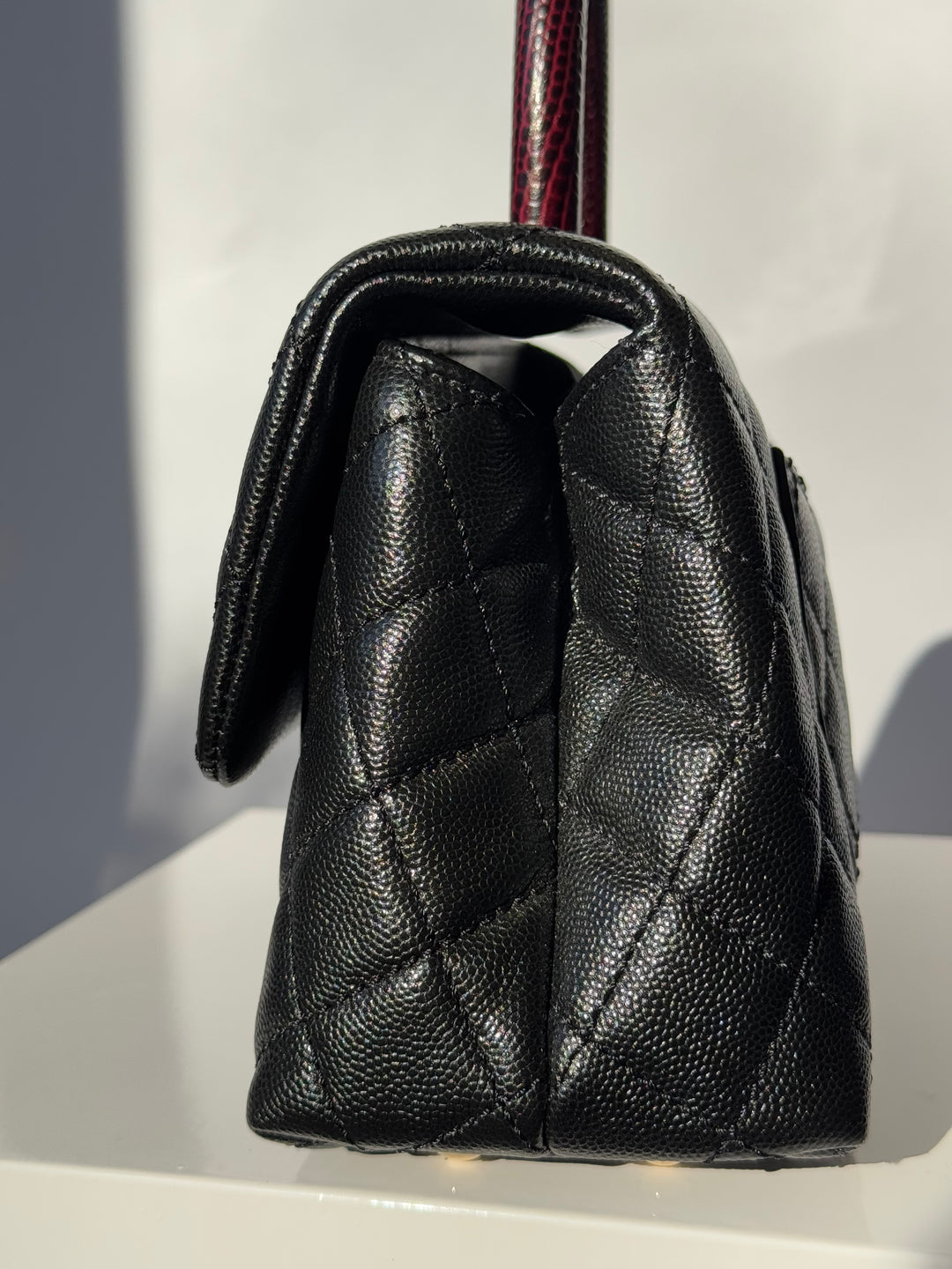 Chanel Small Black Caviar Coco + Burgundy Lizard Top Handle