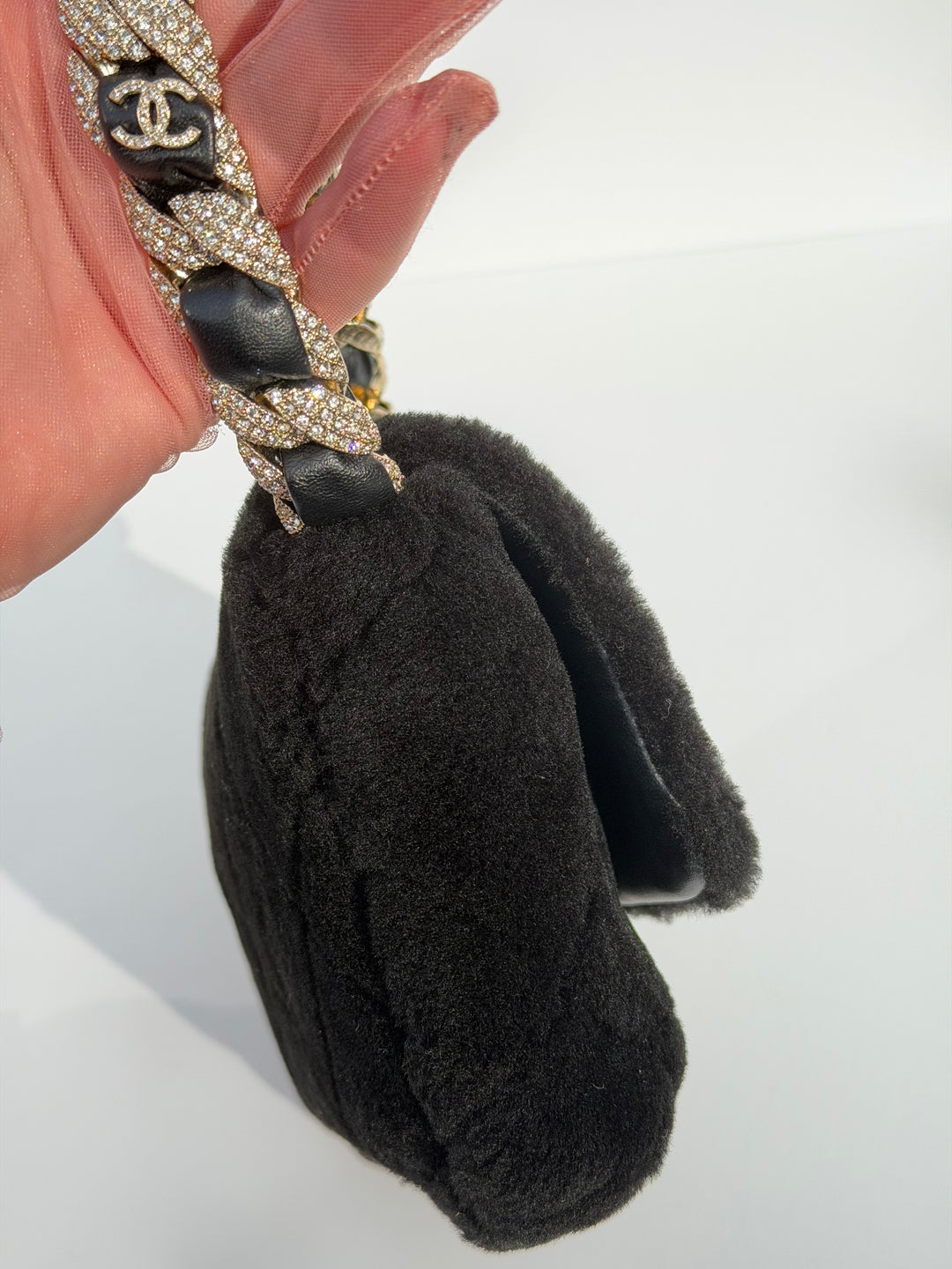 Chanel 2020 Shearling & Strass Black Flap Bag
