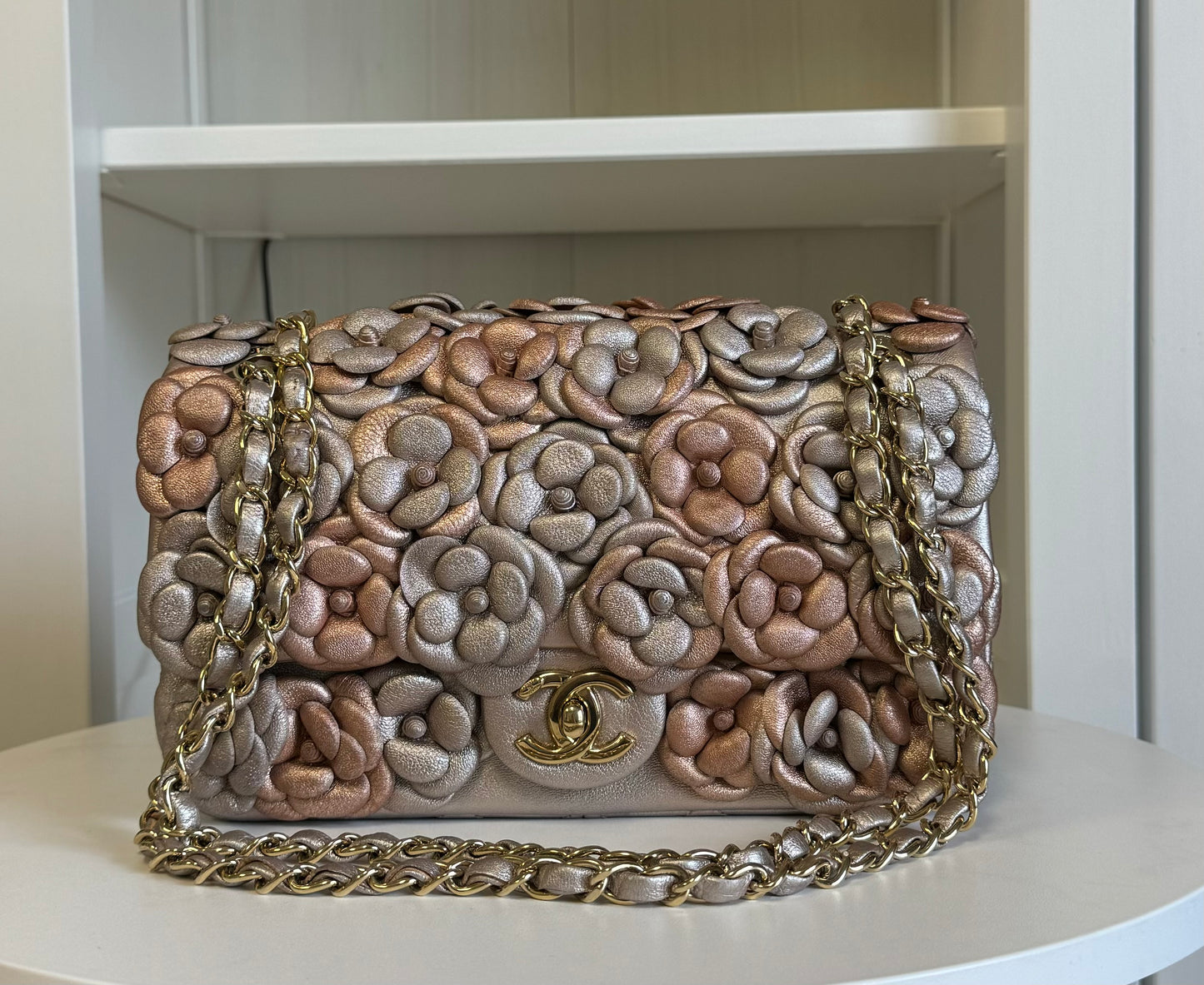 Chanel Metallic Pink and Rose Gold Lambskin Camellia Rose Appliqué Medium Flap Bag