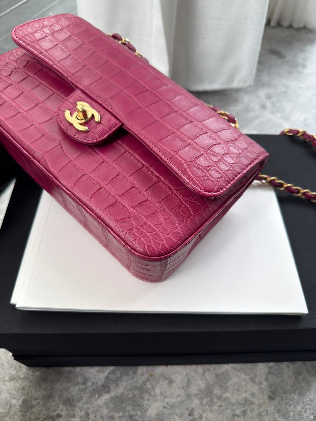 Chanel Medium Classic Flap Bag Matte Alligator Pink Brushed Gold Hardware 2018