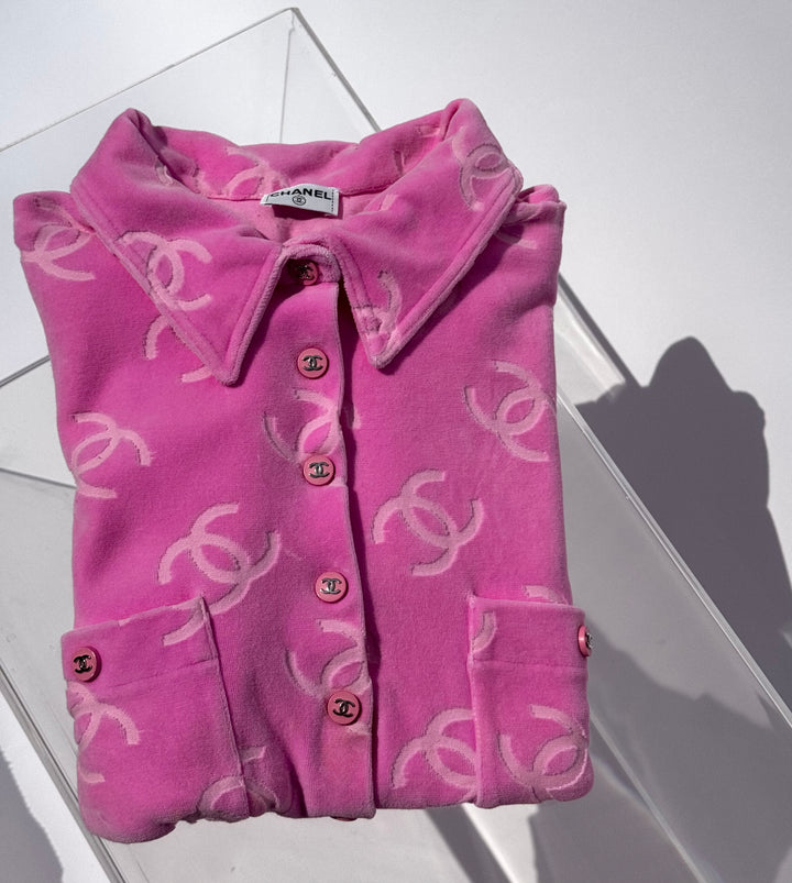 Chanel Spring 1996 Pink Velour CC Button Top X EstherandSasha