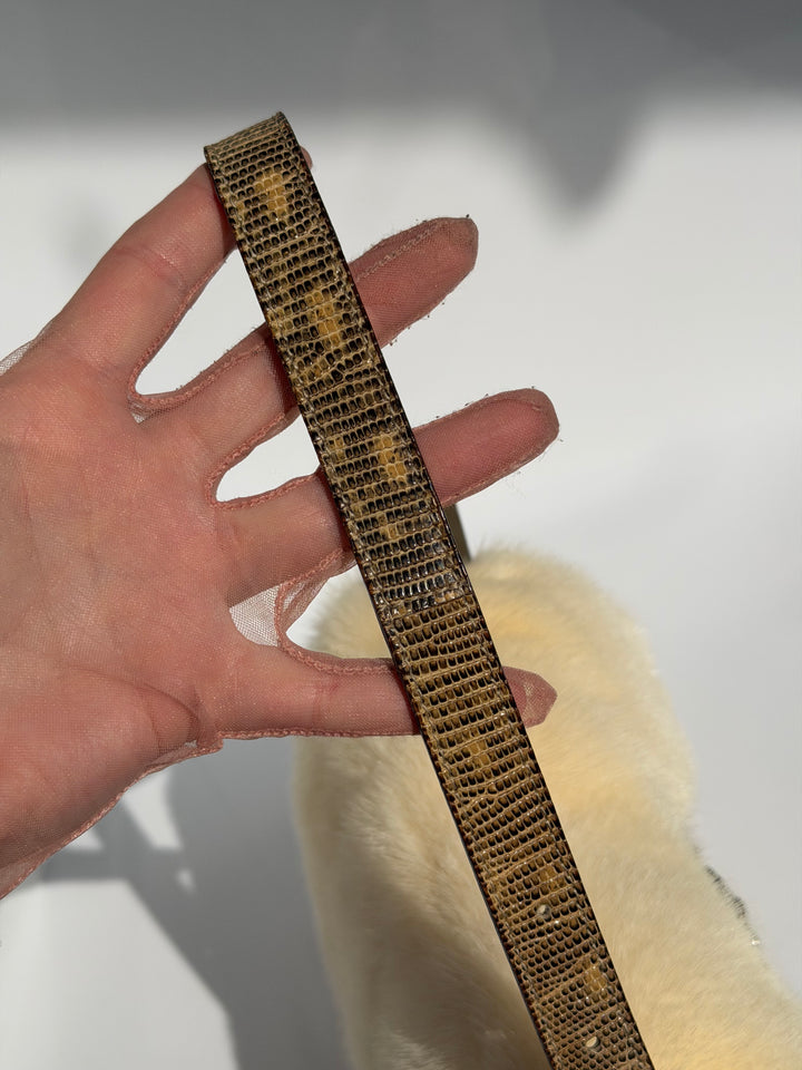 Fendi Crystal Embellished Baguette White Mink Fur Lizard Trim Gold Tone Hardware
