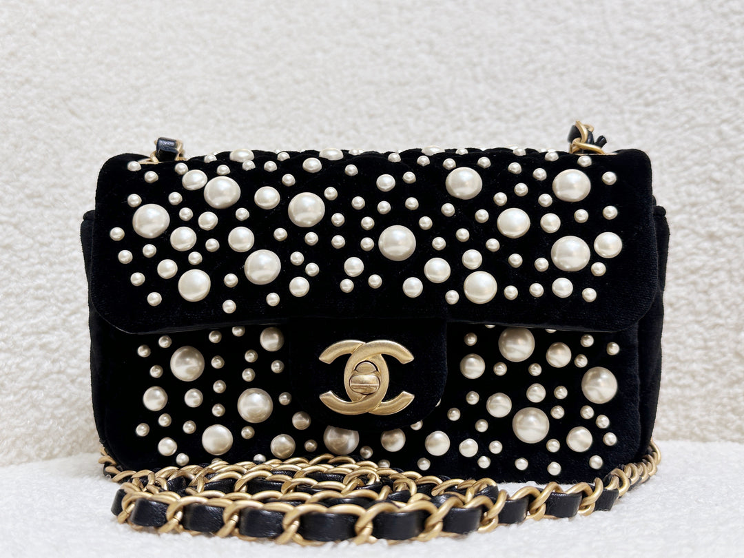 Chanel Black Velvet Mini Pearl Flap Bag